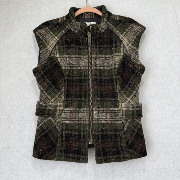 CAbi Vest Womens Medium Green Plaid Zip Front Tweed Wool Blend Lined Tailored - Picture 1 of 9